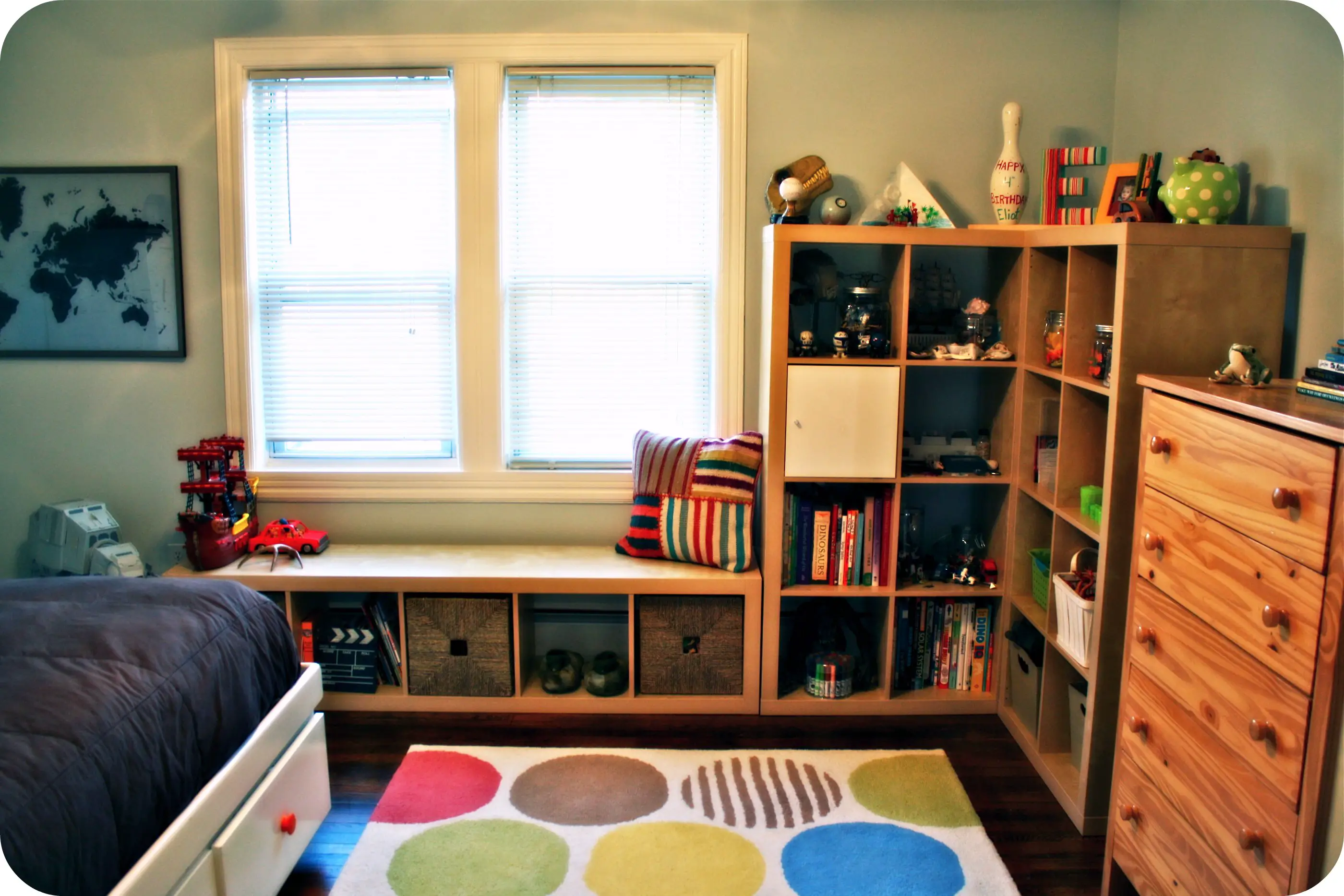Image of a children's room neatly organized with cube shelves