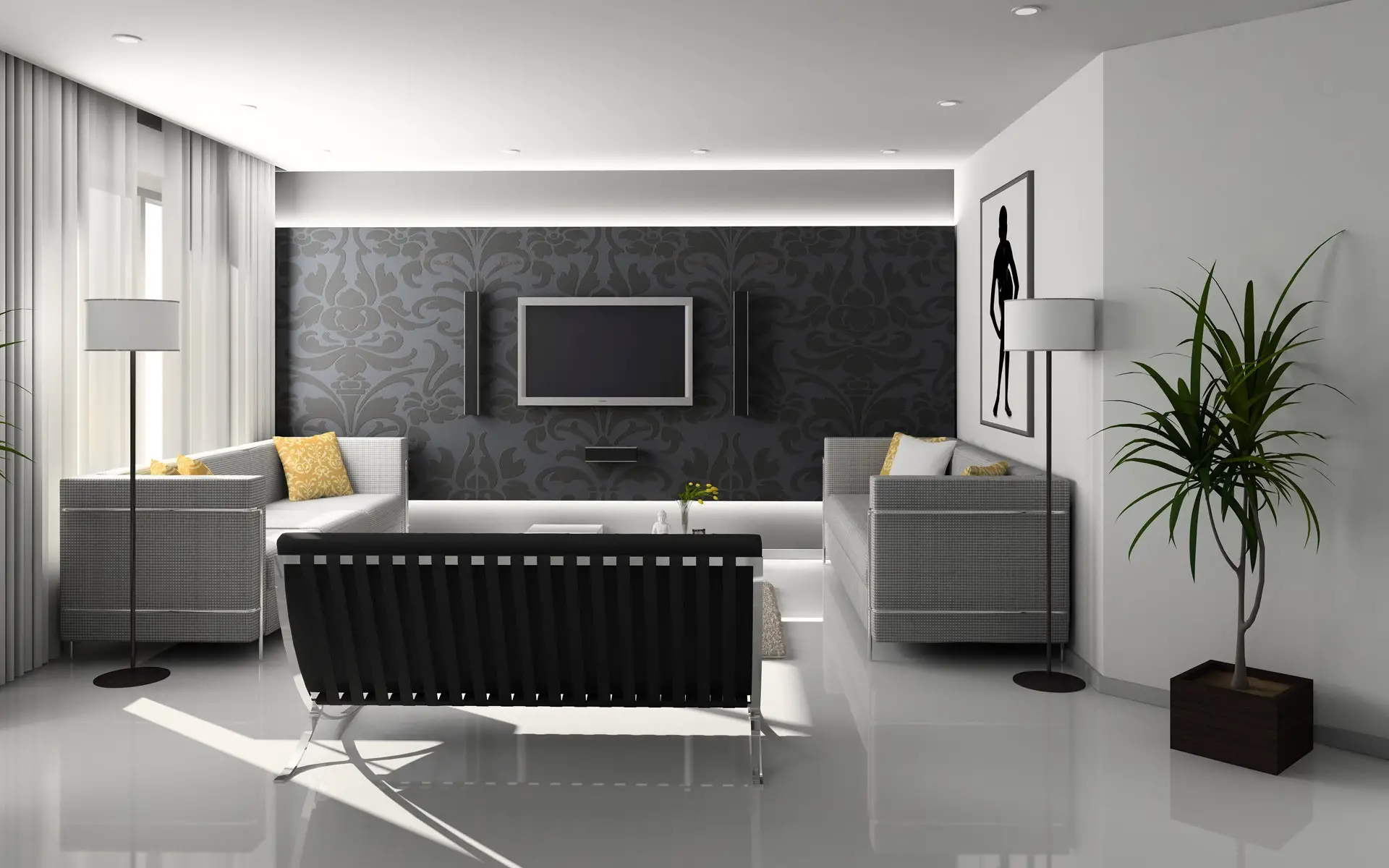 a minimalist living room with greyscale furniture in a small condo